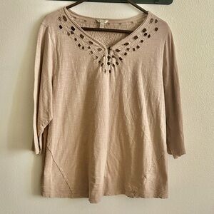 Sonoma Women's 2X Tan Eyelet/Embroidery Button VNeck Cutout  Peasant Boho Top